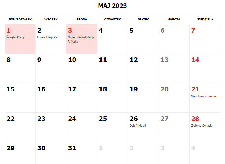 Maj 2023 - kalendarz