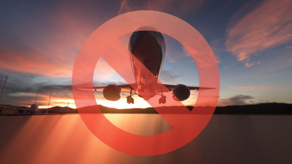 samolot startujący przekreślony znakiem zakazu